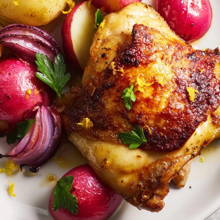 A close-up of the Roasted Radish & Chicken Sheet Pan, highlighting crispy chicken skin and tender vegetables drizzled with fresh lemon juice.