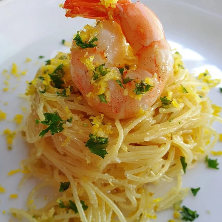 A close-up view of Lemon Butter Shrimp Pasta Lite, featuring juicy shrimp and delicate pasta coated in a glossy citrus sauce.  