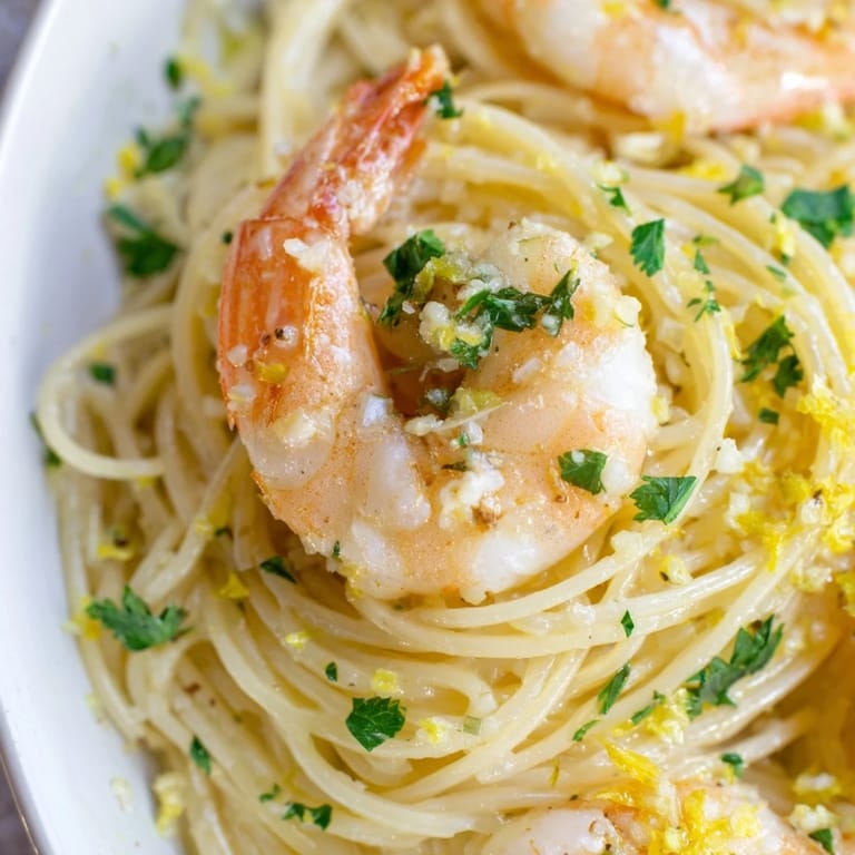 Fork-ready Lemon Butter Shrimp Pasta Lite plated with a lemon wedge, offering a light yet satisfying Italian-American weeknight meal.