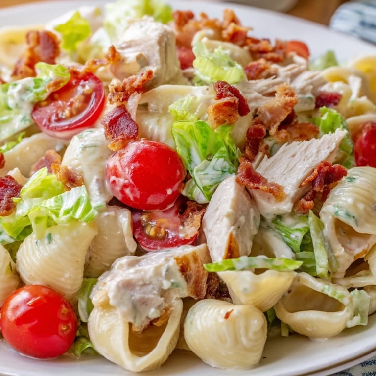 BLT Chicken Pasta Salad served in a white bowl with grilled chicken, crumbled bacon, and creamy dressing.