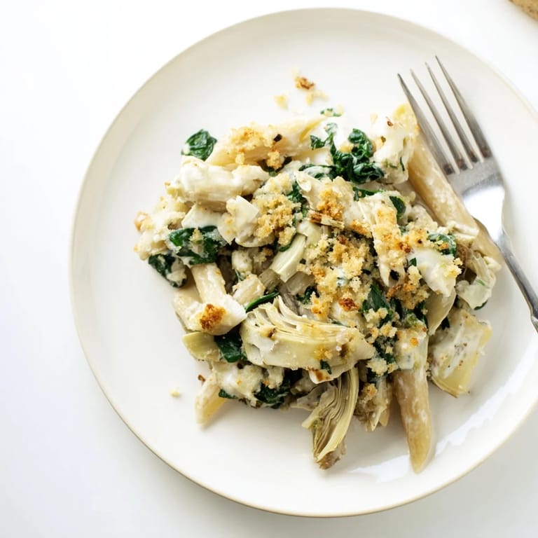 Tender penne pasta coated in rich Parmesan cream sauce, studded with wilted spinach and marinated artichoke hearts in a casserole dish.