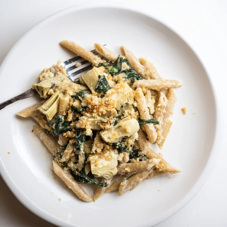 A comforting vegetarian Italian-American Artichoke Pasta Bake, golden and bubbling from the oven, ready to serve as a family-style main dish.