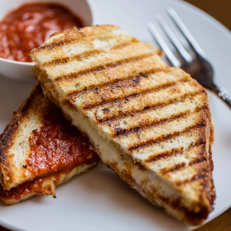 Mozzarella Stick Grilled Cheese presented on a white plate with a small ramekin of warm marinara sauce for dipping.