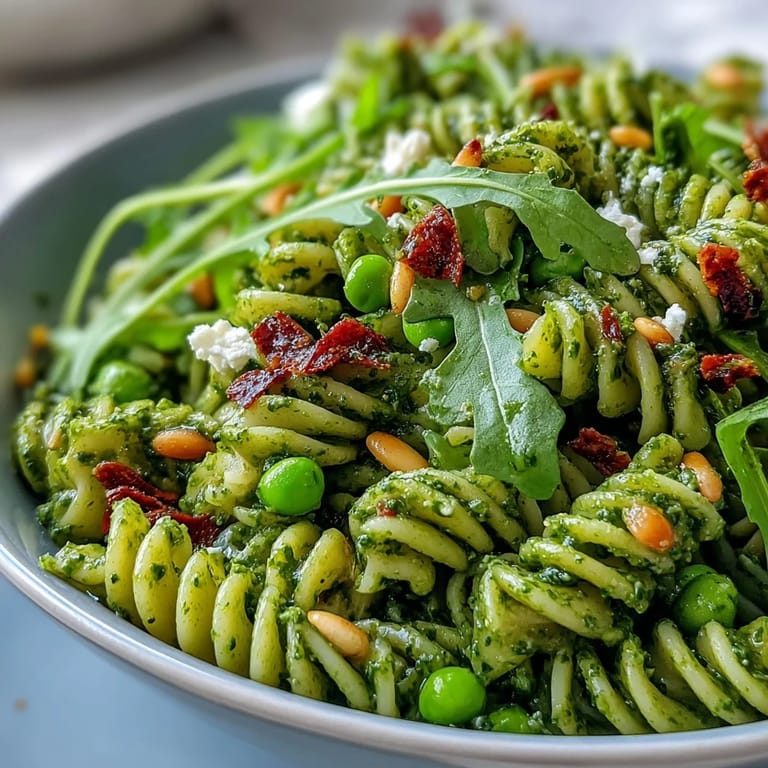 A vibrant bowl of Spring Green Pesto Pasta Salad tossed with feta, lemon zest, and fresh herbs for a refreshing spring meal.