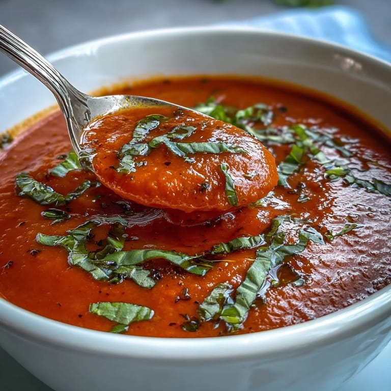 Comforting tomato basil soup, smooth and rich, ready to be served with crusty bread.