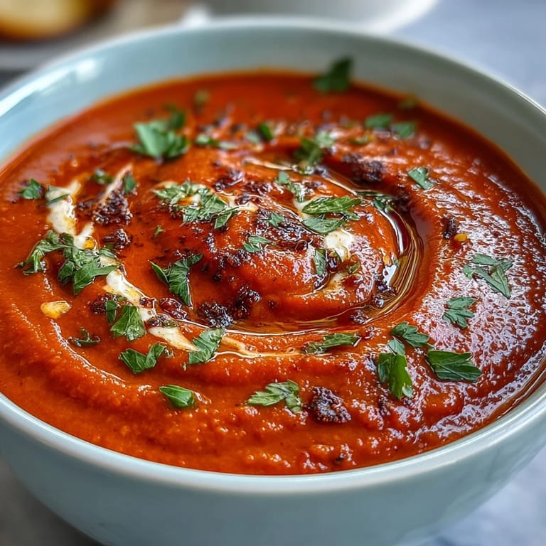 Silky roasted red pepper soup, perfectly seasoned, served with crusty bread.