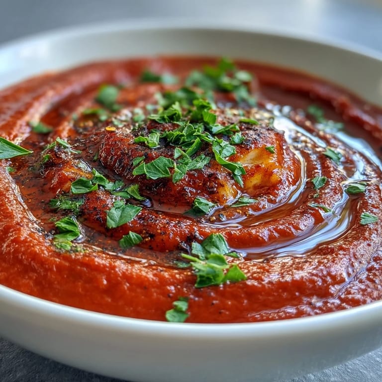Comforting roasted red pepper soup, topped with creamy swirl and fresh parsley.
