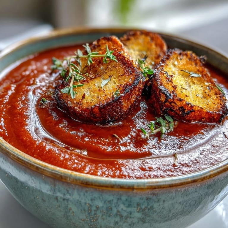 Hearty roasted tomato soup topped with crunchy, homemade croutons in a bowl.