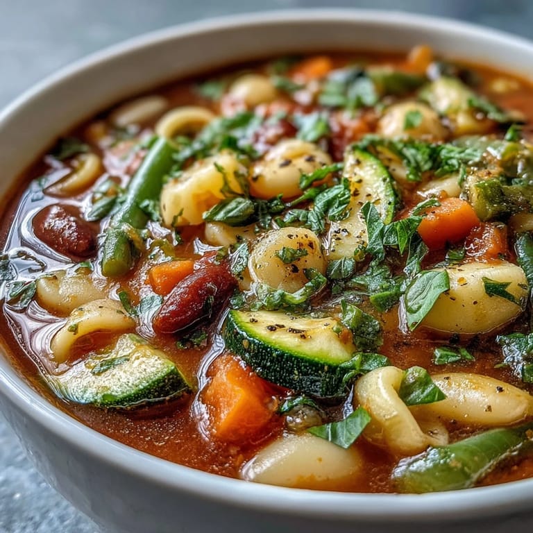 Delicious Minestrone Vegetable Soup topped with fresh parsley and Parmesan cheese.