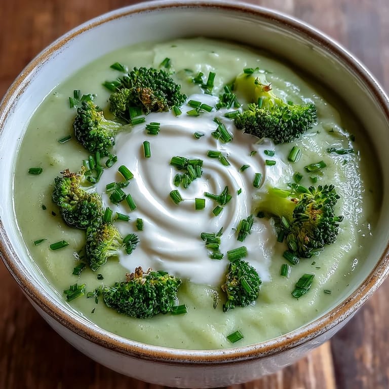 Comforting Creamy Broccoli Soup, smooth and rich, ready to be garnished with chives.