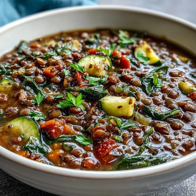 Cozy lentil and vegetable soup topped with fresh parsley, ready to eat.