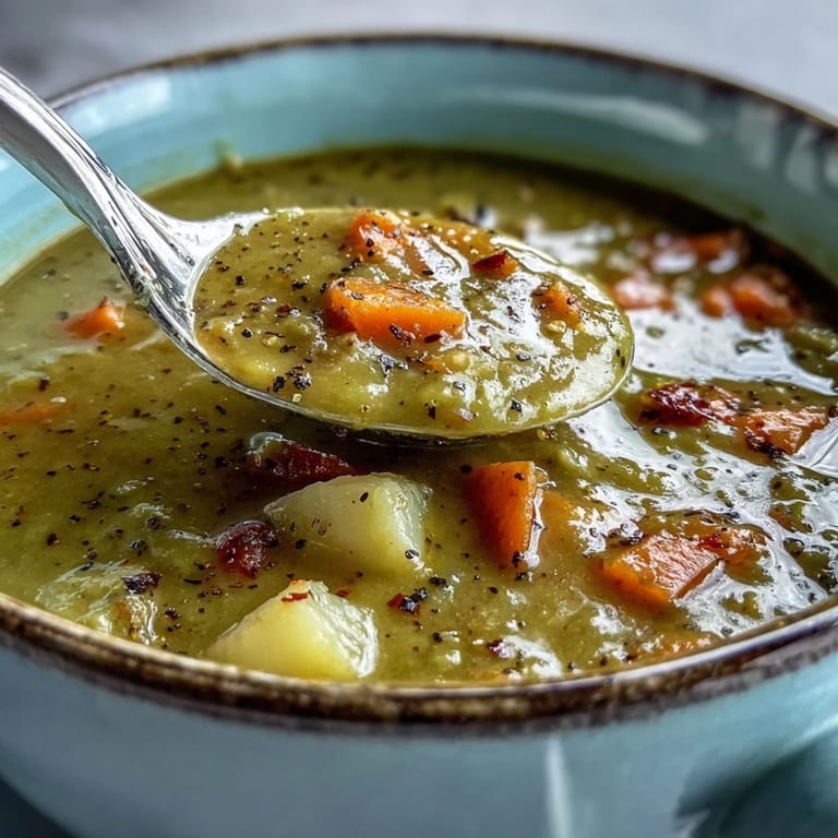 Hearty Split Pea Soup with smoky ham, ready to be enjoyed.