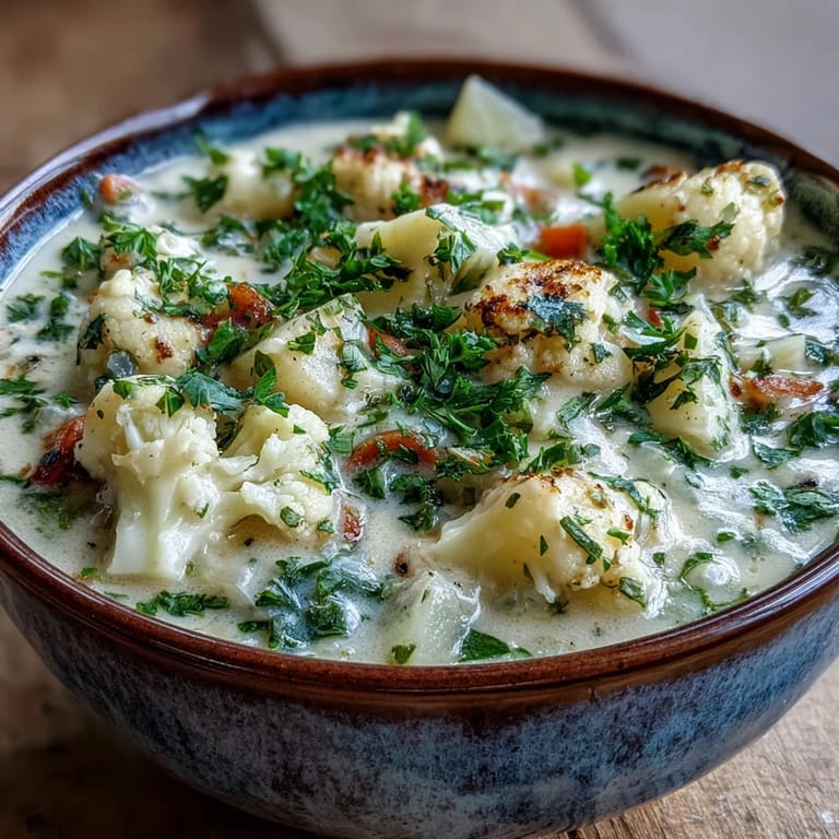 Homemade vegetarian cauliflower chowder simmering in a pot, with soft vegetables and aromatic herbs.