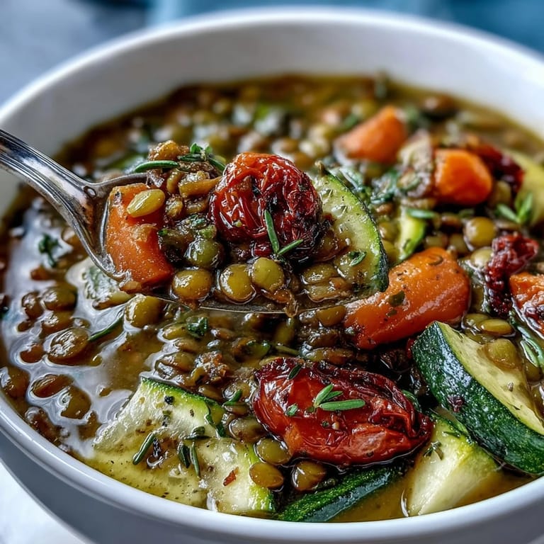 A ladle pours warm Lentil and Vegetable Soup into a rustic bowl, highlighting its thick texture and vibrant vegetable medley.