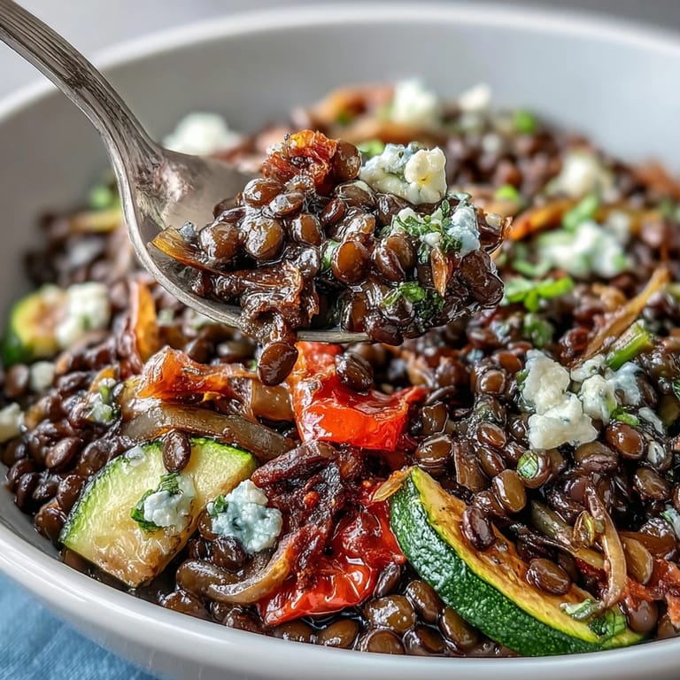 Black Lentil Salad tossed with roasted bell peppers, zucchini, pumpkin seeds, and crumbled feta in a bowl.