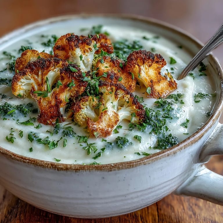 Warm cauliflower and broccoli soup with aromatic herbs, a velvety blend, served with crunchy garlic croutons on a wooden table.