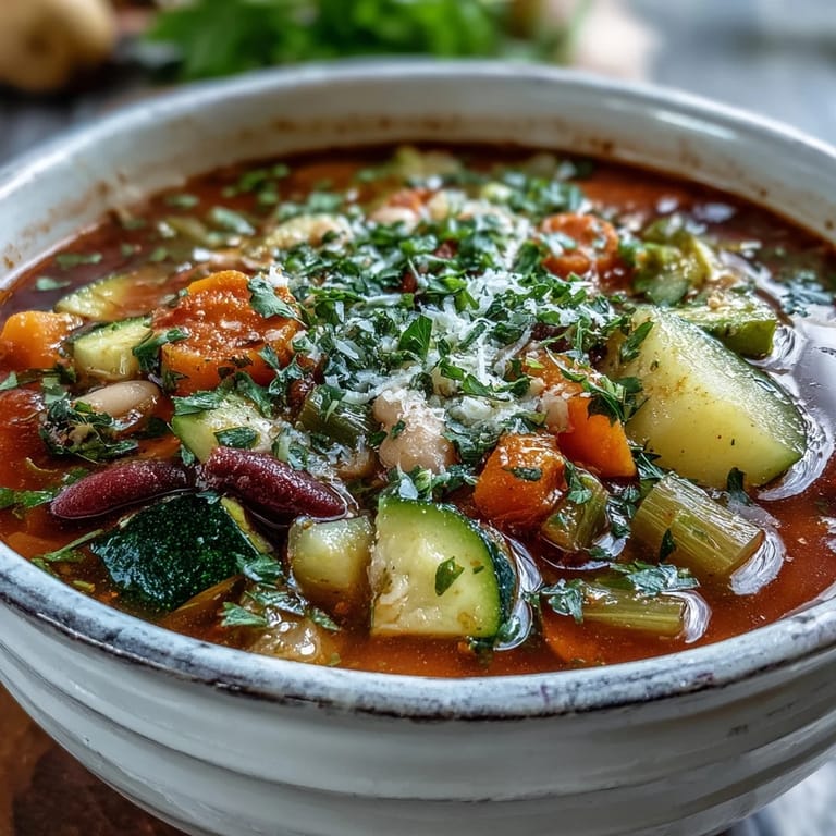 Freshly ladled Minestrone Vegetable Soup in a rustic bowl, garnished with parsley and Parmesan, with crusty bread for dipping into the hearty Italian broth.