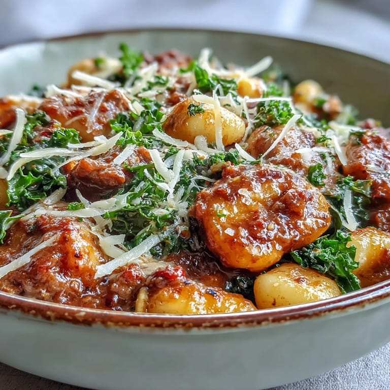 Steamy plate of Sausage Gnocchi, featuring a creamy, spicy sausage sauce with kale, ready to be paired with a glass of Chianti.