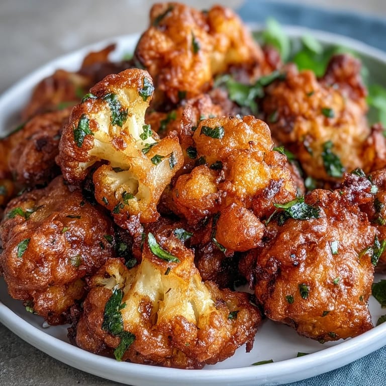 Golden-brown Cauliflower Bhajis plated alongside a creamy yogurt dip, garnished with fresh herbs for a gluten-free snack.