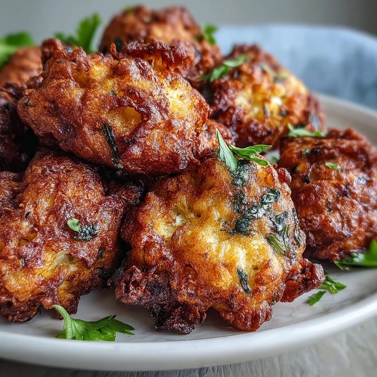 Steaming Cauliflower Bhajis on a platter with a refreshing yogurt dip, served as a vegetarian Indian appetizer.
