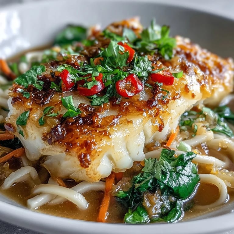 Fragrant red curry coconut broth ladled over udon noodles, featuring flaky poached cod, spinach, carrots, and shiitake mushrooms.