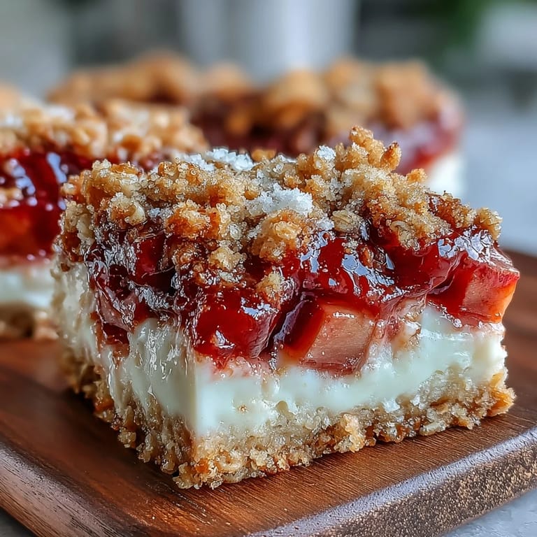 Warm Rhubarb and Custard Crumble Bars feature gooey rhubarb, silky custard, and crispy crumble topping on a parchment-lined pan.