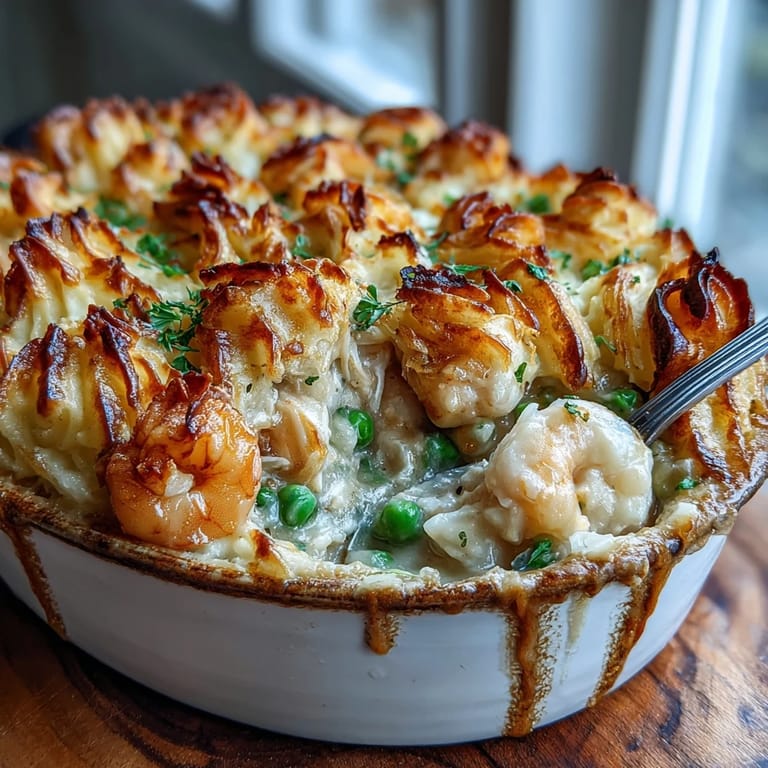 Golden-brown Curried Fish Pie bubbling from the oven, topped with craggy, crispy mashed potatoes, ready to serve with fresh parsley and a glass of white wine.