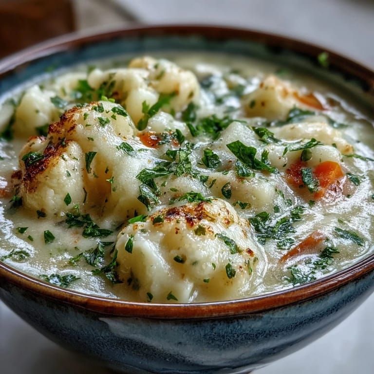 A steaming bowl of Vegetarian Cauliflower Chowder, featuring tender cauliflower, carrots, and potatoes in rich broth.