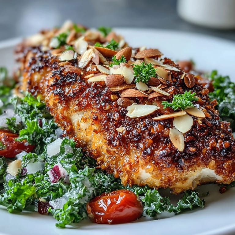 Fork-tender almond-crusted chicken pairs with marinated kale and sumac salad, featuring a scattering of toasted slivered almonds.