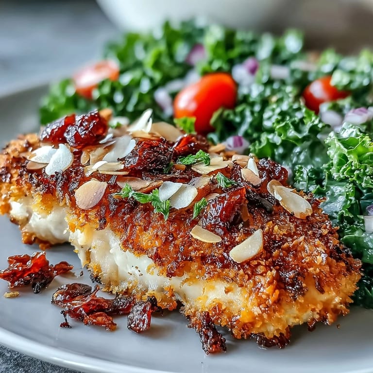 Sliced almond-crusted chicken sits atop a bed of marinated kale salad with sumac, red onion, and fresh parsley.