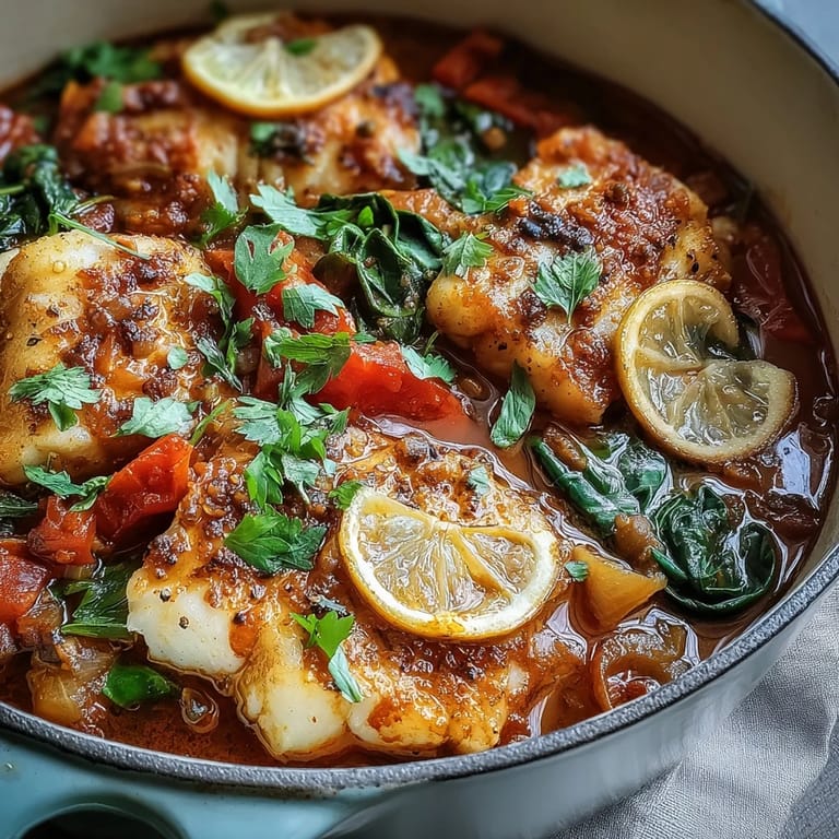 Steaming Spiced Cod One Pot in a Dutch oven, featuring vibrant red and yellow peppers and a rich aromatic broth.