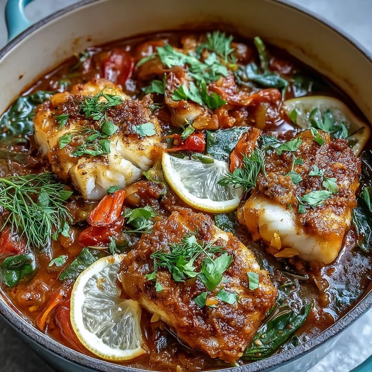 Family-style Spiced Cod One Pot served in a skillet with a side of crusty bread for dipping into the sauce.