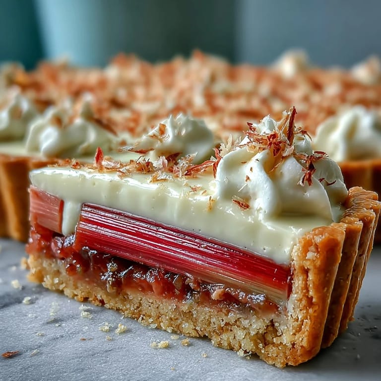 Overhead view of a slice of Rhubarb, White Chocolate, and Elderflower Tart on a dessert plate, ready to be served at a spring party.