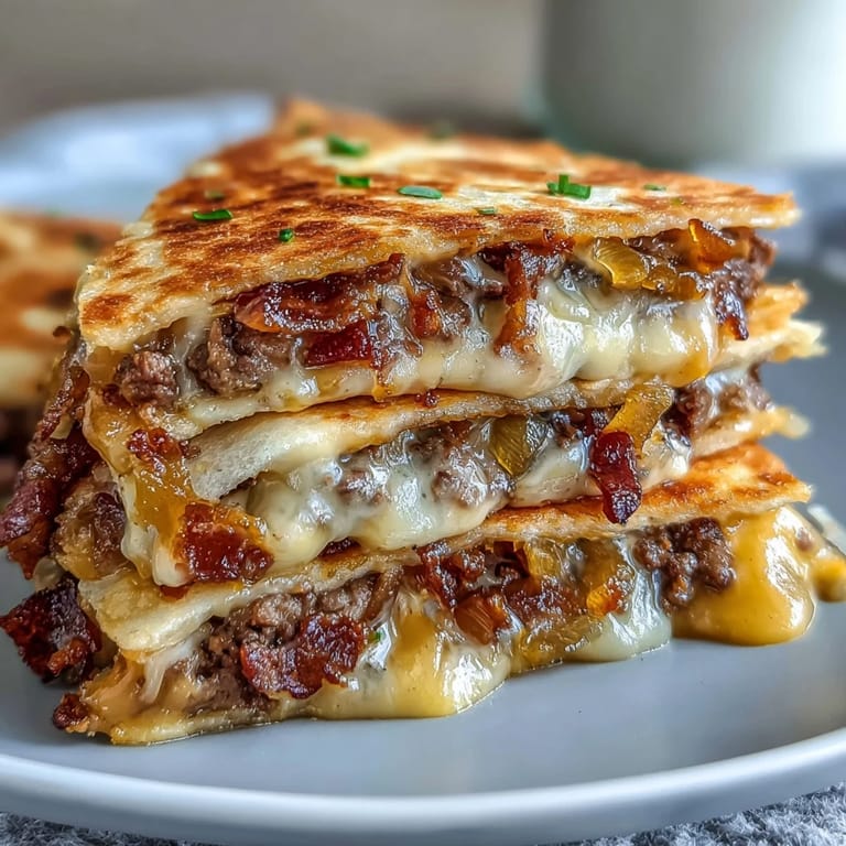 A close-up of a Cheesy Griddled Smashburger Quesadilla showcases a crispy tortilla filled with juicy smashburger patties and sweet, caramelized onions.