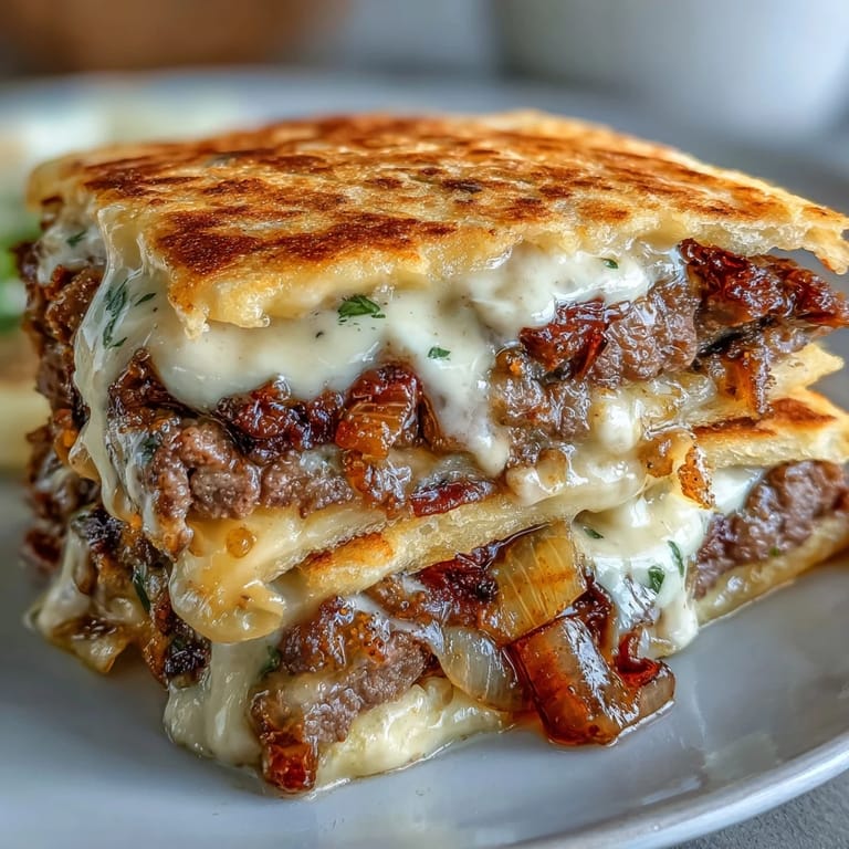 Freshly sliced wedges of Cheesy Griddled Smashburger Quesadillas are served on a plate, ready to be dipped in a tangy mayo-mustard sauce.