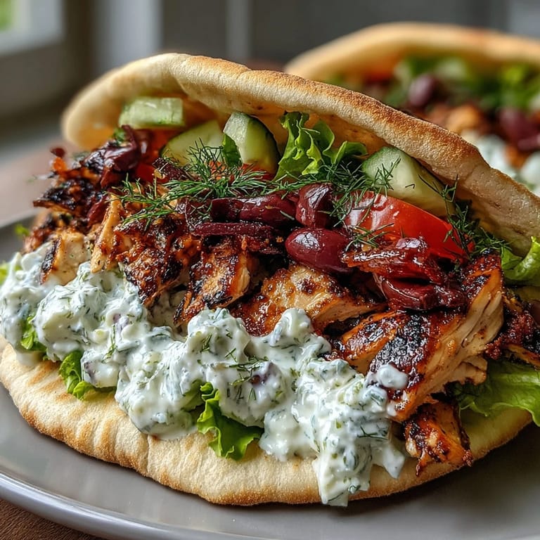 Freshly assembled Mediterranean Chicken Gyros with Creamy Feta Tzatziki, featuring juicy marinated chicken and vibrant vegetables on a platter.