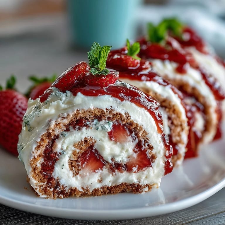 Spiraled crepes hold ribbons of vanilla sponge, ripe strawberries, and sweet cream in a Strawberry Shortcake Sushi Roll.