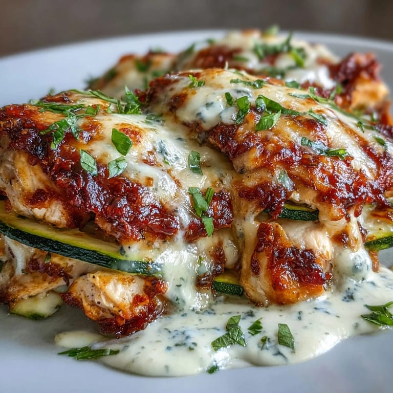 Fresh herbs garnish the bubbly, golden mozzarella and Parmesan topping of this savory low-carb dinner bake.  
