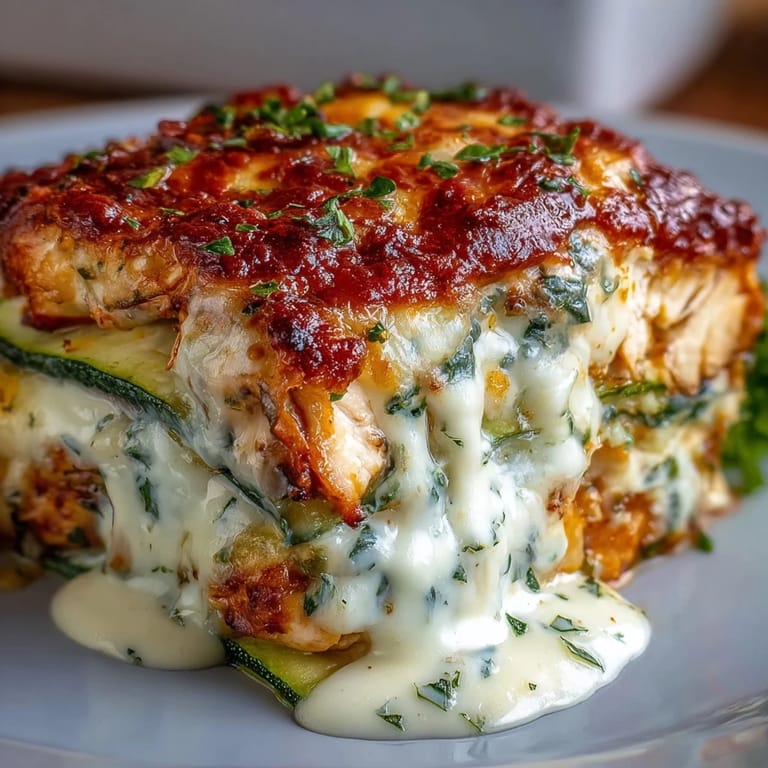 A slice of the High Protein Chicken Zucchini Bake served on a plate, revealing juicy chicken and zucchini in a creamy, cheesy filling.