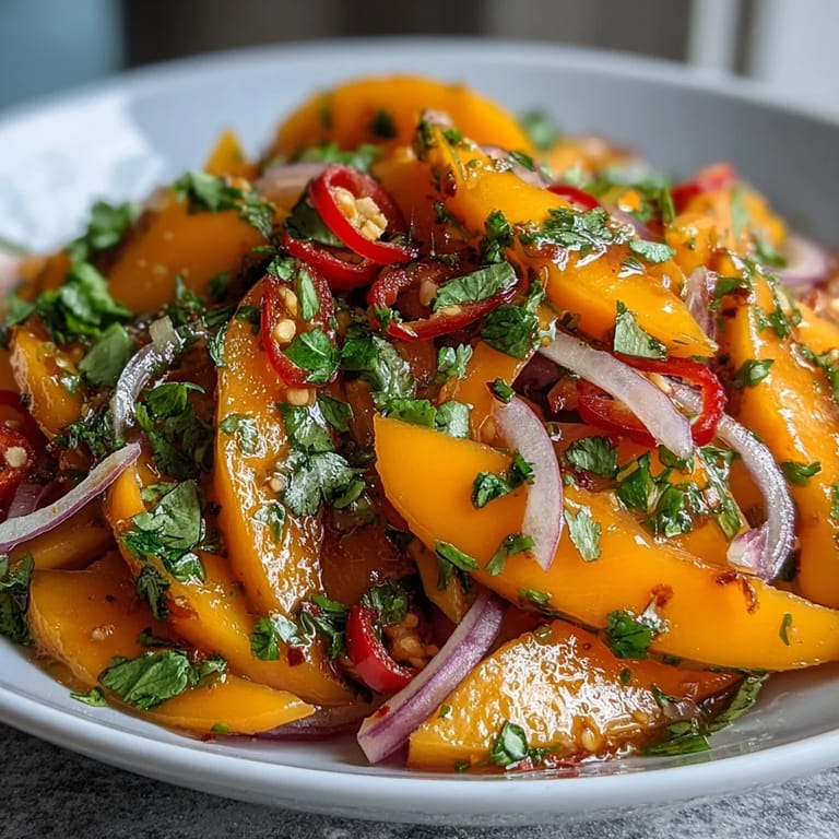 A vibrant bowl of Refreshing Mango Salad showcases juicy mango, red onion, and cilantro, ready to be enjoyed as a light, gluten-free lunch.  