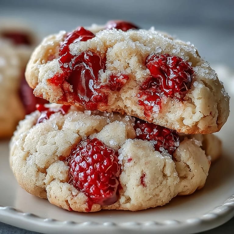 A close-up of Soft Chewy Raspberry Sugar Cookies showing their pillowy texture and vibrant red raspberry specks.