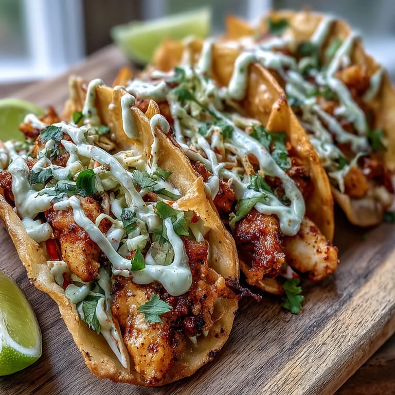 A platter of Crispy Chicken Wonton Tacos with smoky chicken, crunchy shells, and lime wedges.