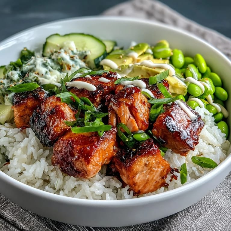 Assembled salmon rice bowl with marinated baked salmon, jasmine rice, edamame, cucumber, and avocado, topped with spicy sriracha mayo and green onions.