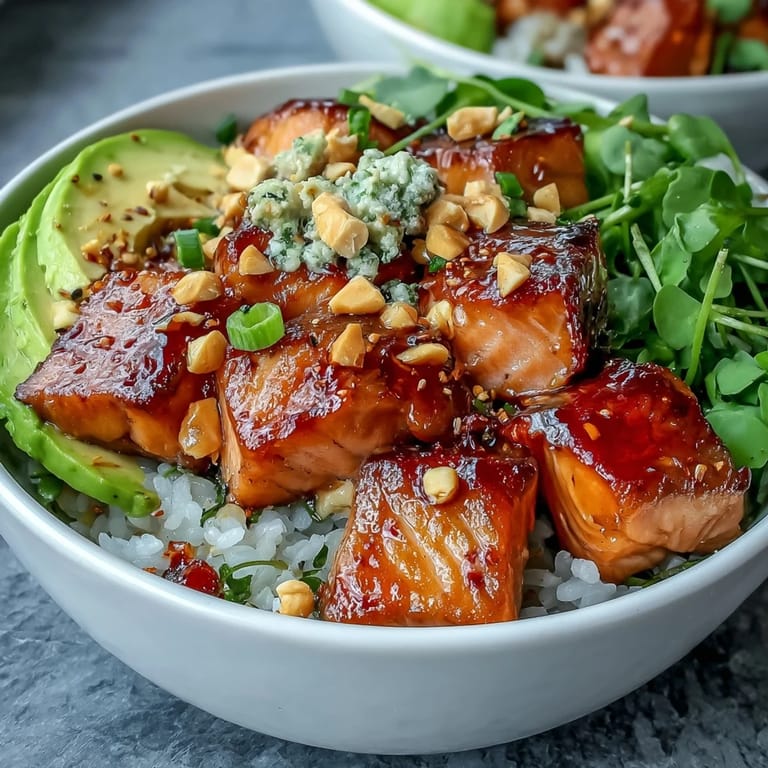 Close-up of a delicious Avocado Salmon Bowl with tamari-marinated salmon, ripe avocado, and garnishes like cilantro and sesame seeds.