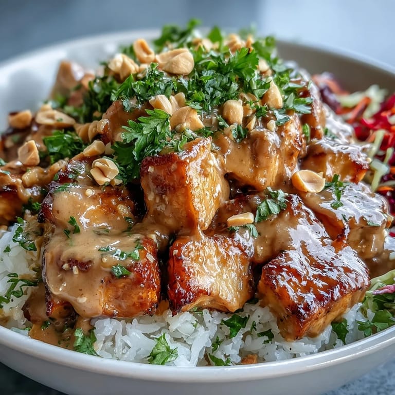 Close-up of a savory Peanut Chicken Protein Bowl, showcasing succulent chicken, crunchy toppings, and lime wedges for a fresh squeeze over fragrant rice.