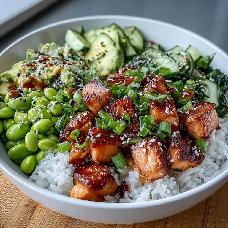 This vibrant Salmon Rice Bowl features juicy salmon, crisp veggies, and a drizzle of spicy sriracha mayo for a flavorful lunch.