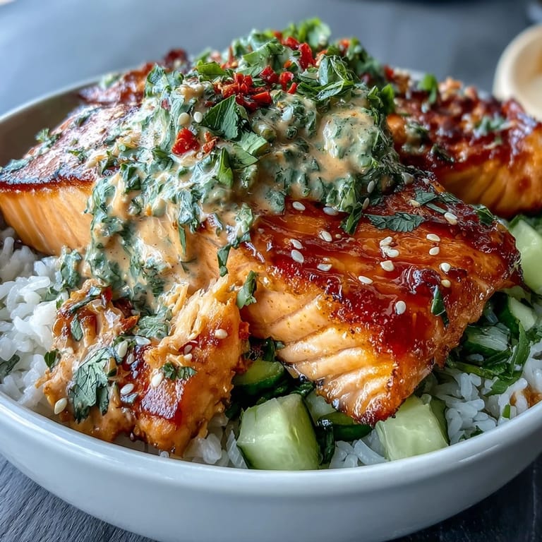 Close-up of tender salmon, spicy bang bang sauce, and crisp veggies in a wholesome Asian-inspired rice bowl meal.