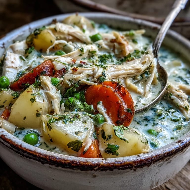 Rich Creamy Chicken Pot Pie Soup ladled into a white bowl, topped with parsley and a side of crusty bread.
