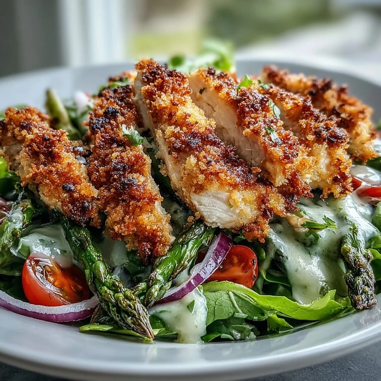 Bright lemon dressing and shaved Parmesan garnish this hearty Crispy Parmesan Asparagus Chicken Salad served on a white plate.