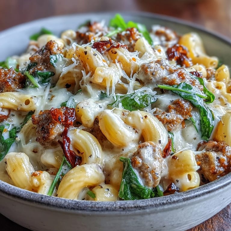 A skillet of Creamy Tuscan Chili Mac featuring ground beef, colorful veggies, and a rich Parmesan cream sauce.
